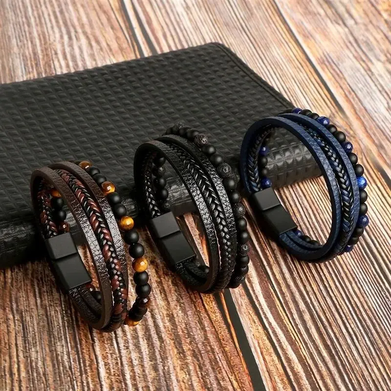 Men's 3-Pack Leather Bracelets - Classic Fashion Multi-Layer Design with Tiger Eye Beads, Wrap-Fit Men's Accessories, Unique Gifts for Adults, Bag Charms & Twillies (Luggage & Bags Accessories), Accessories Adults