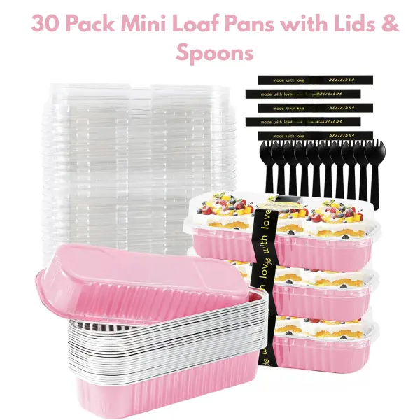 30 Pack Mini Loaf Pans with Lids & Spoons, 6.8oz Disposable Aluminum Baking Pans, Cake Containers, Pink Party Supplies, Summer Gift Bakeware