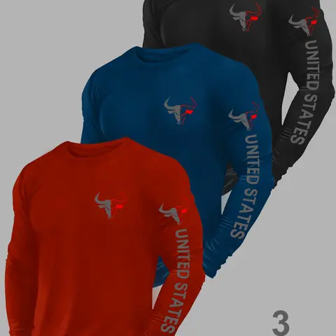 3-Pack Men's Bull Print Long Sleeve Sports T-Shirts, Breathable Round Neck Casual Workout Tops, Ideal for Outdoor Fitness & Daily Wear, Casual Sporty Top
