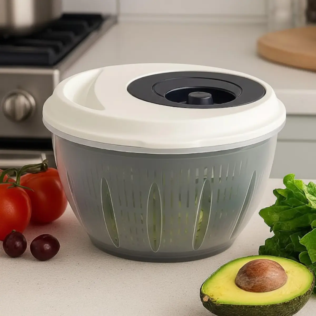 4500ml Salad Spinner Lettuce Dryer Basket - 1-Handed Easy Spin Kitchen Utensil with Comfortable Retractable Pusher, Brake Button for Dry Greens, Fruits, Berries, Herbs, Kitchen Accessories