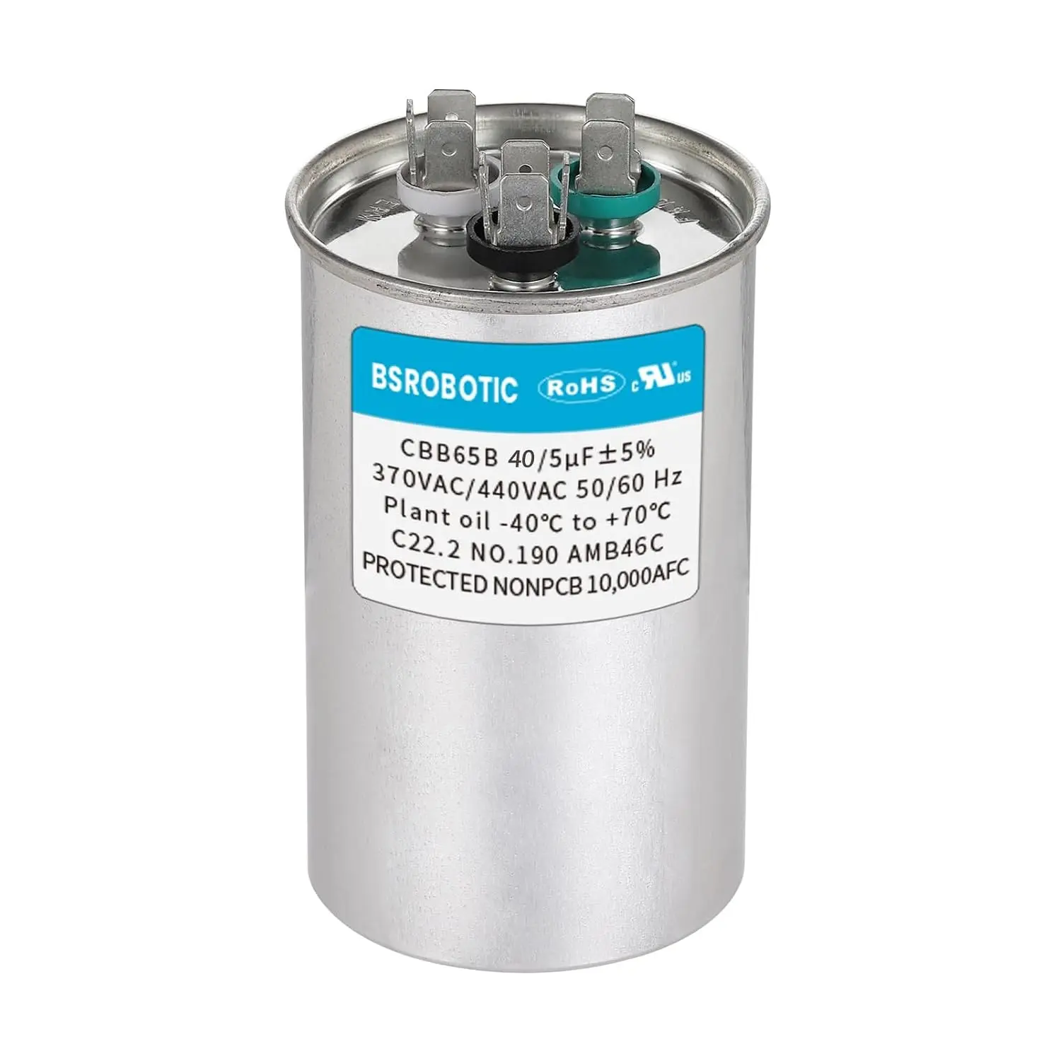 40/5 440v CBB65B AC Capacitor - 40+5 uf ±5% MFD 370/440 Volt Dual Run Round Capacitor, VAC CBB65B Air Conditioner Capacitors for AC Unit Fan Motor Start or Heat Pump or Condenser Straight (40+5uf)