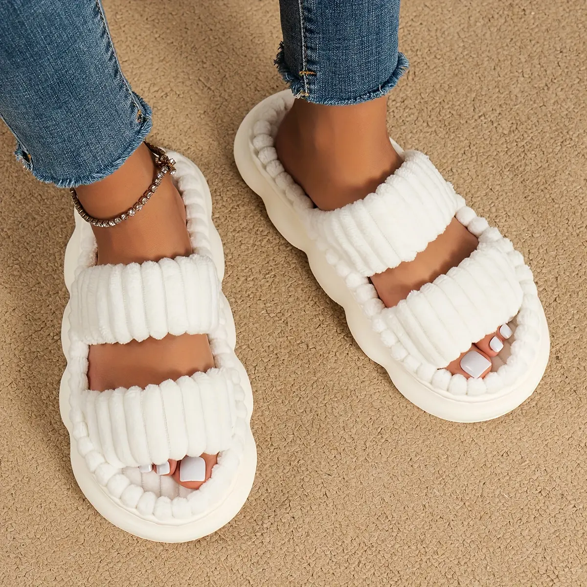 2026 Women's Plush Platform, Two Bands Open Toe Soft Sole Fuzzy Shoes, Comfortable Indoor Floor