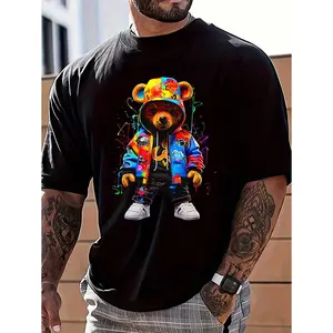 Men's Cartoon Bear T-Shirt, Classic Short-Sleeve Crew Neck Top in 100% Cotton with High-Definition Digital Print, Basic Casual Style