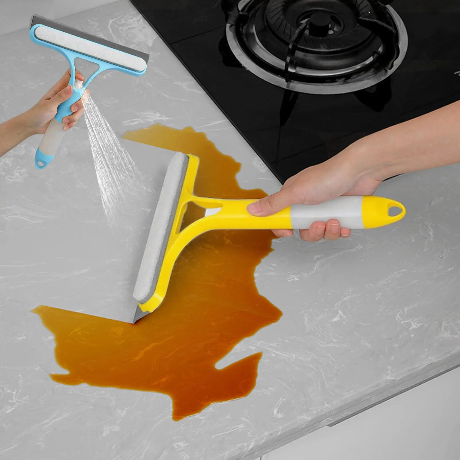 3-in-1 Scraper Squeegees Window Cleaning Tool - 10-Inch Handle, Sprayer, Silicone Microfiber Wipe, Lightweight Dirt Removal Glass Cleaner for Car Detailing, Home Shelves