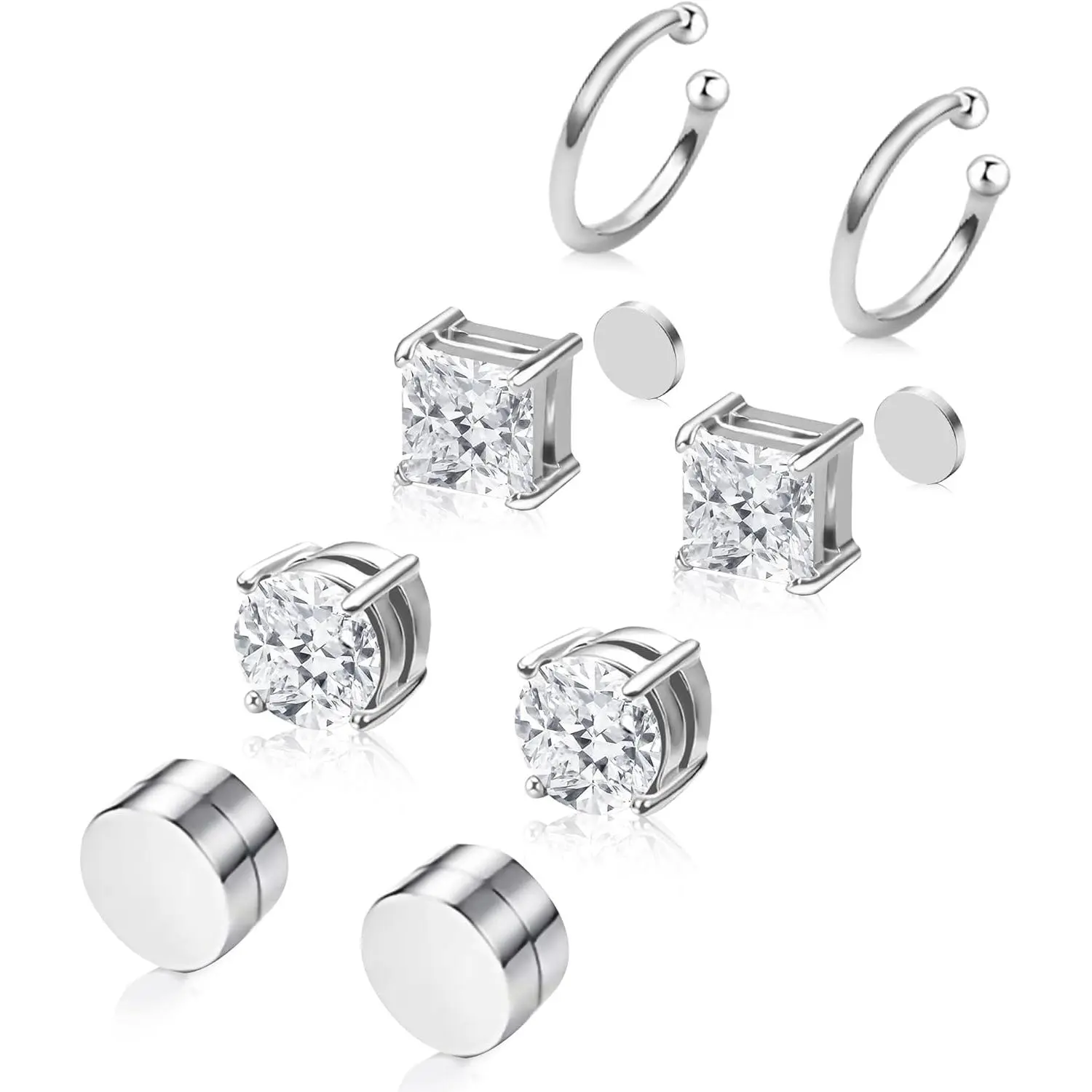 Magnetic Earrings for Men & Women, 4-Pair Stainless Steel Clip-On Studs Set - Hypoallergenic Cubic Zirconia, Non-Piercing Silver Ear Cuffs & Black Fake Earrings, 6-8MM, Magnet Earrings