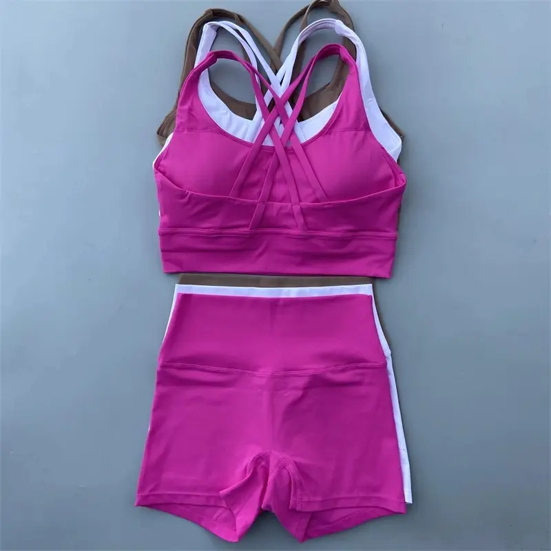 Solid Color gym bike Yoga Set short Legging +cross sport bra Tracksuit  Athletic Women Gym Suit Comprehensive Training Jogging