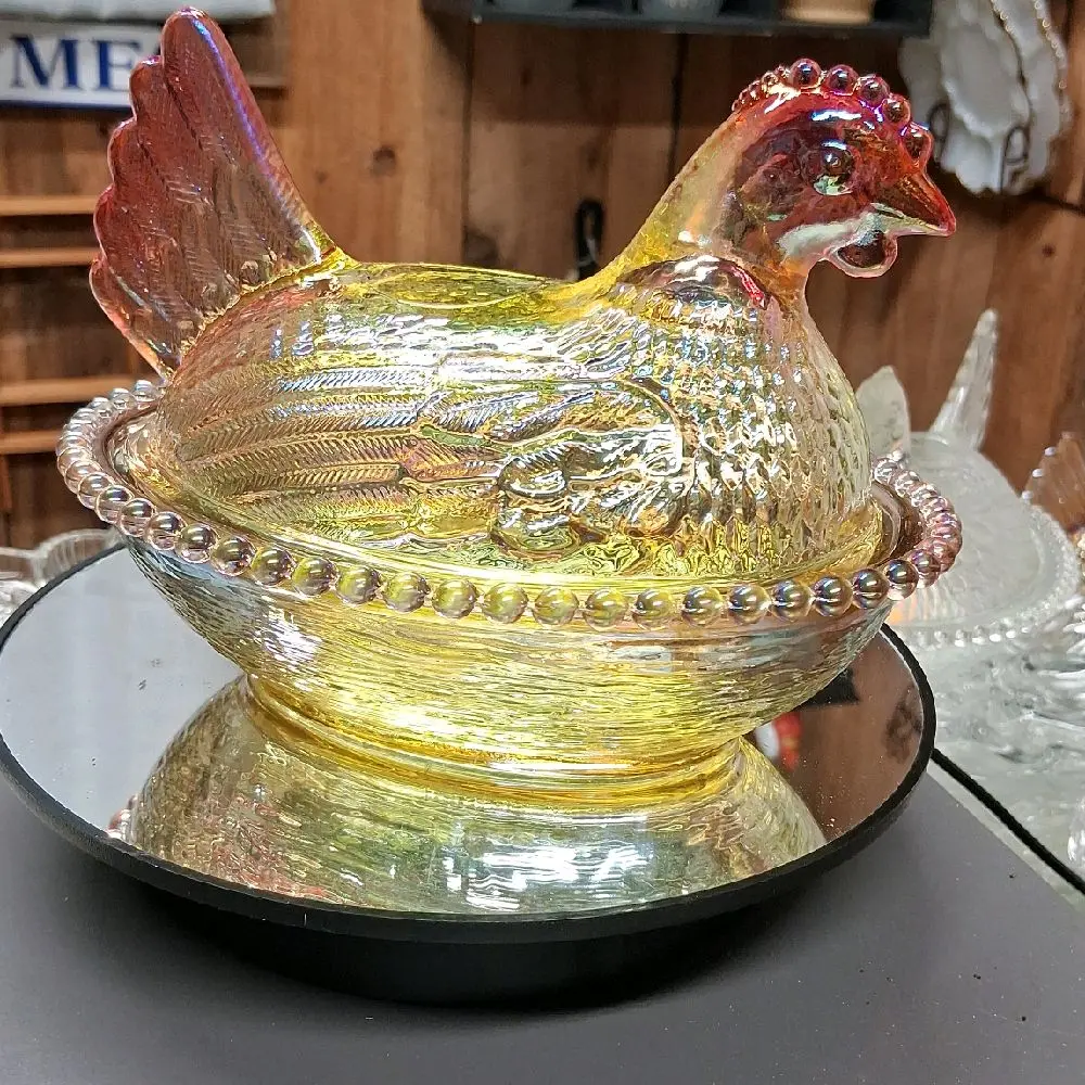 7" Yellow Carnival with Red Accents Hen on Nest