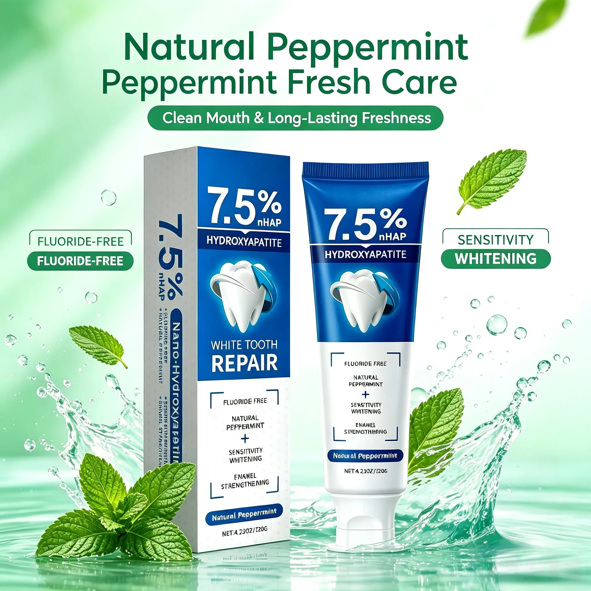 7.5% nHAP Fluoride-Free Oral Toothpaste (120g) - Enamel Repair & Protection, Gentle Whitening for Sensitive Teeth, Peppermint Flavor with Cool Long-Lasting Freshness, Prevents Bad Breath, Enamel Protection, Cool Long-Lasting Peppermint Freshness