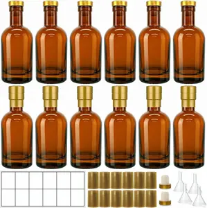 12 Pack 6oz Amber Glass Bottles with Airtight T-Top Corks, 200ml Refillable Mini Bottles for Vanilla Extract, Maple Syrup, Hot Sauce & Homemade Spirits, Includes Funnels & Labels