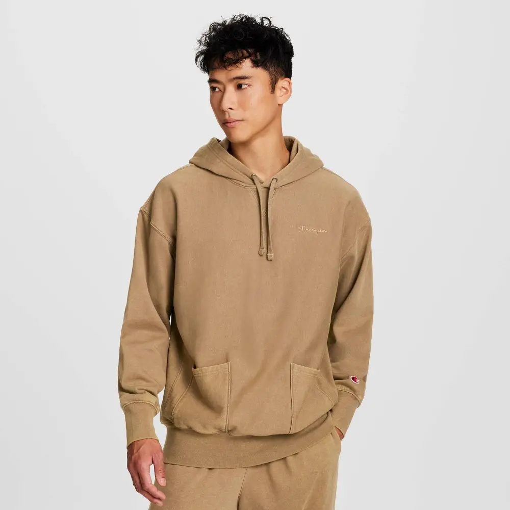 Champion Men's Vintage Washed Hoodie, Basic Style, Soft Fabric, Sturdy Hem, Functional Pockets, Jersey, Ribbed, Fleece