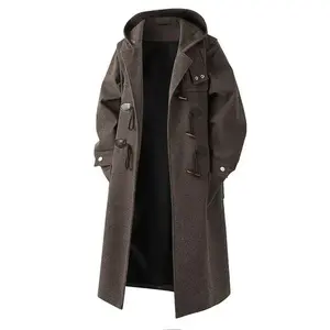 2025 Autumn Winter New Loose Plus Size Wool Coat Men's Mid-Length Trench Coat with Horn Buttons and Hood Menswear Jackets Casual Classic
