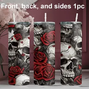 1pc 20oz stainless steel water bottle with skull and rose pattern design, Reusable Vacuum Insulated Tumbler. Suitable for fitness, travel, driving and daily use at home. A great gift for family and friends.
