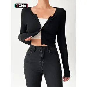 Women's Plain Lettuce Trim Button Front Crop Cardigan, Casual Long Sleeve Round Neck Outerwear for Fall, Fashion Women's Knit Clothing for Daily Wear