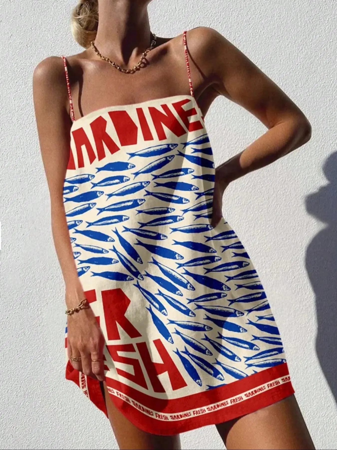 Women's Sardine Animal Print Suspender Straps Dress, Casual Coastal Boho Sleeveless A-line Beachwear Dress for Beach Holiday Vacation, Ladies Summer Clothes