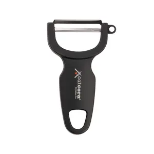 CatCora Swiss-Style Peeler, Professional German Tempered Stainless Steel Blade For Peeling Fruits and Vegetables and Garnishing, Ergonomic Contoured Handle, Black