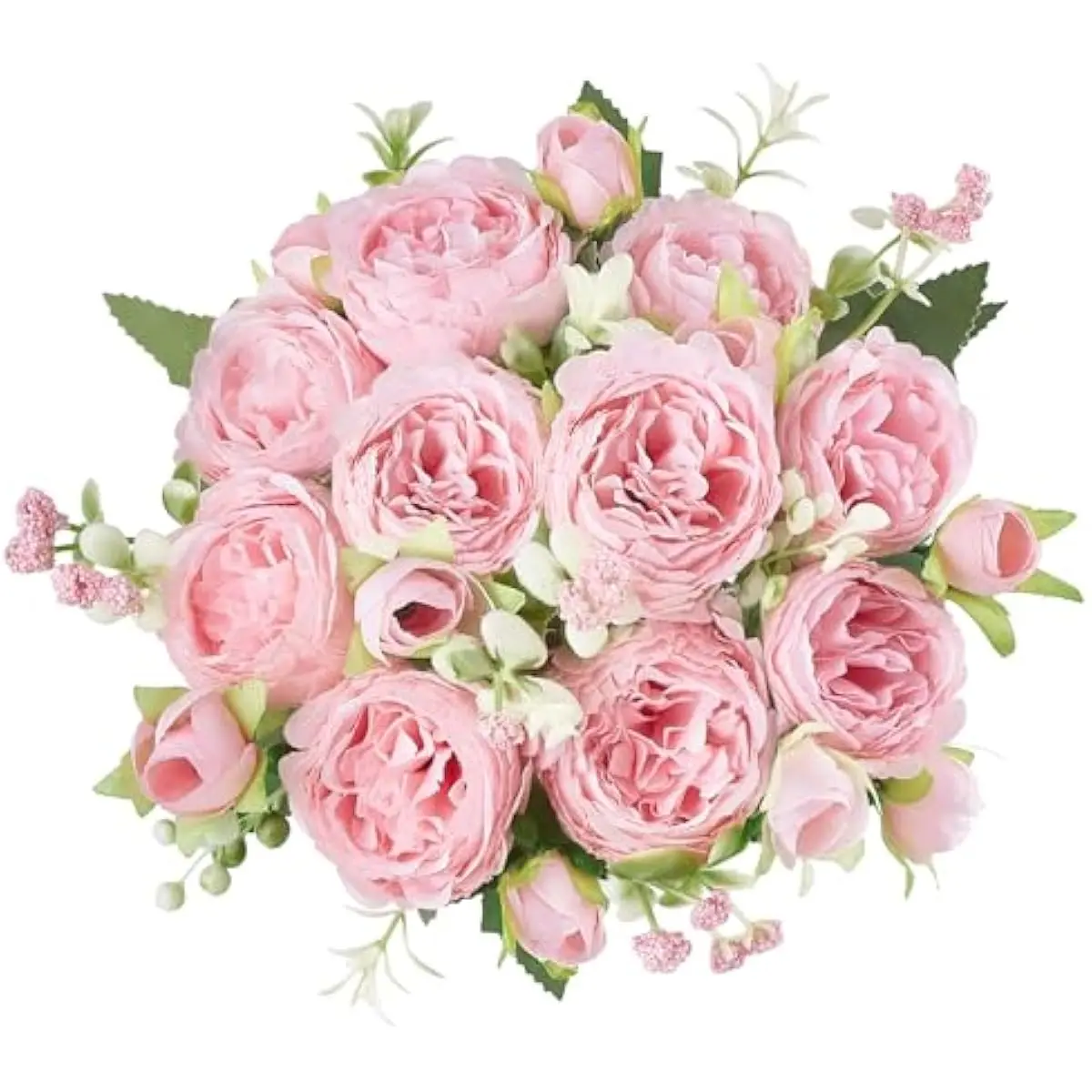 Small Pink Silk Cloth Peonies Flowers Artificial Bouquet - Easy-Clean Plastic, 4 Small Buds, Berry & Plant Elements, Natural Look Indoor Home Table Wedding Decor
