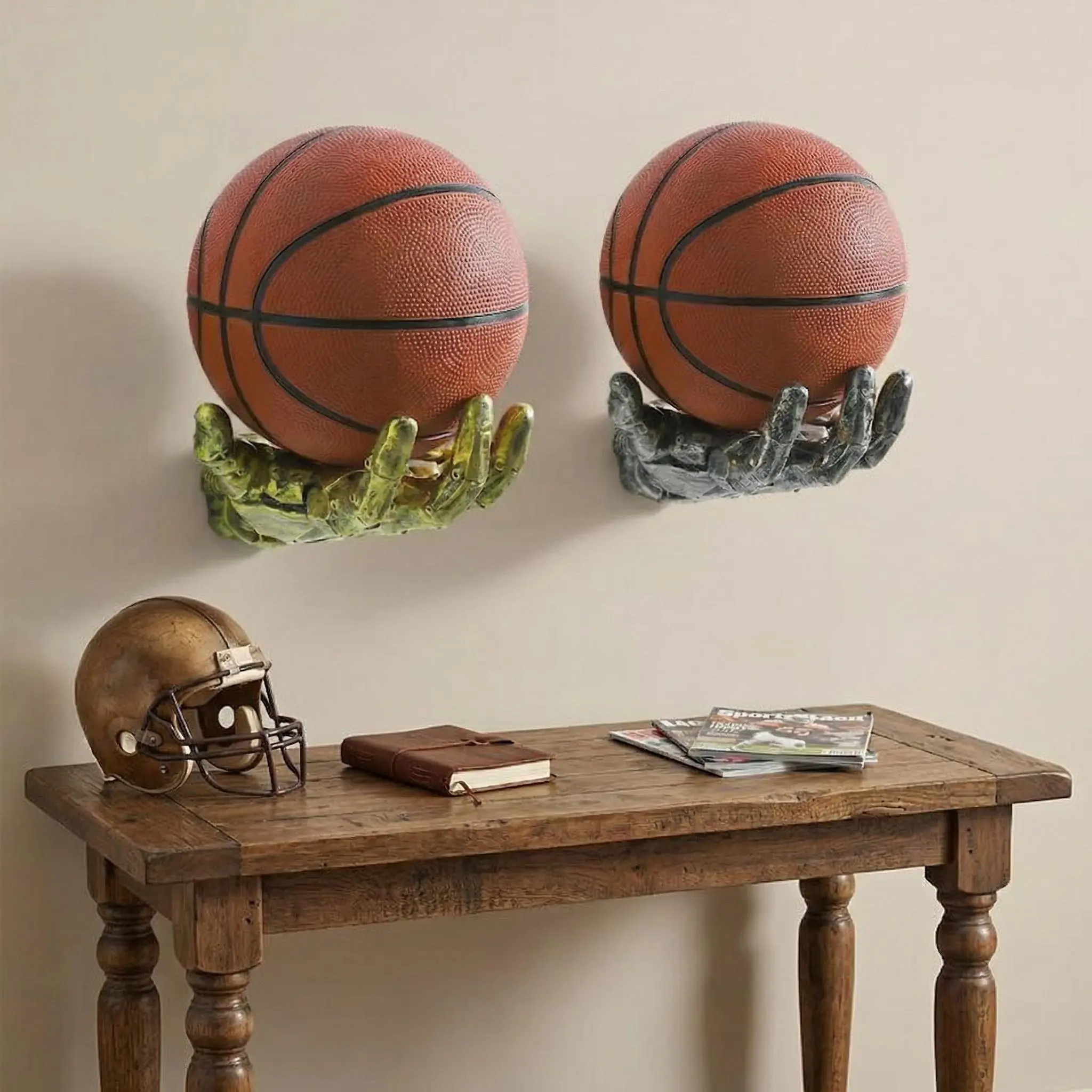 Antique Gold & Silver 1-Layer Durable Resin Hand-Shaped Wall-Mounted Basketball Display Organiser, Home Storage Rack with Room Decor, Unique Gift for Basketball Enthusiasts (Men's Room Home Supply Art Piece)