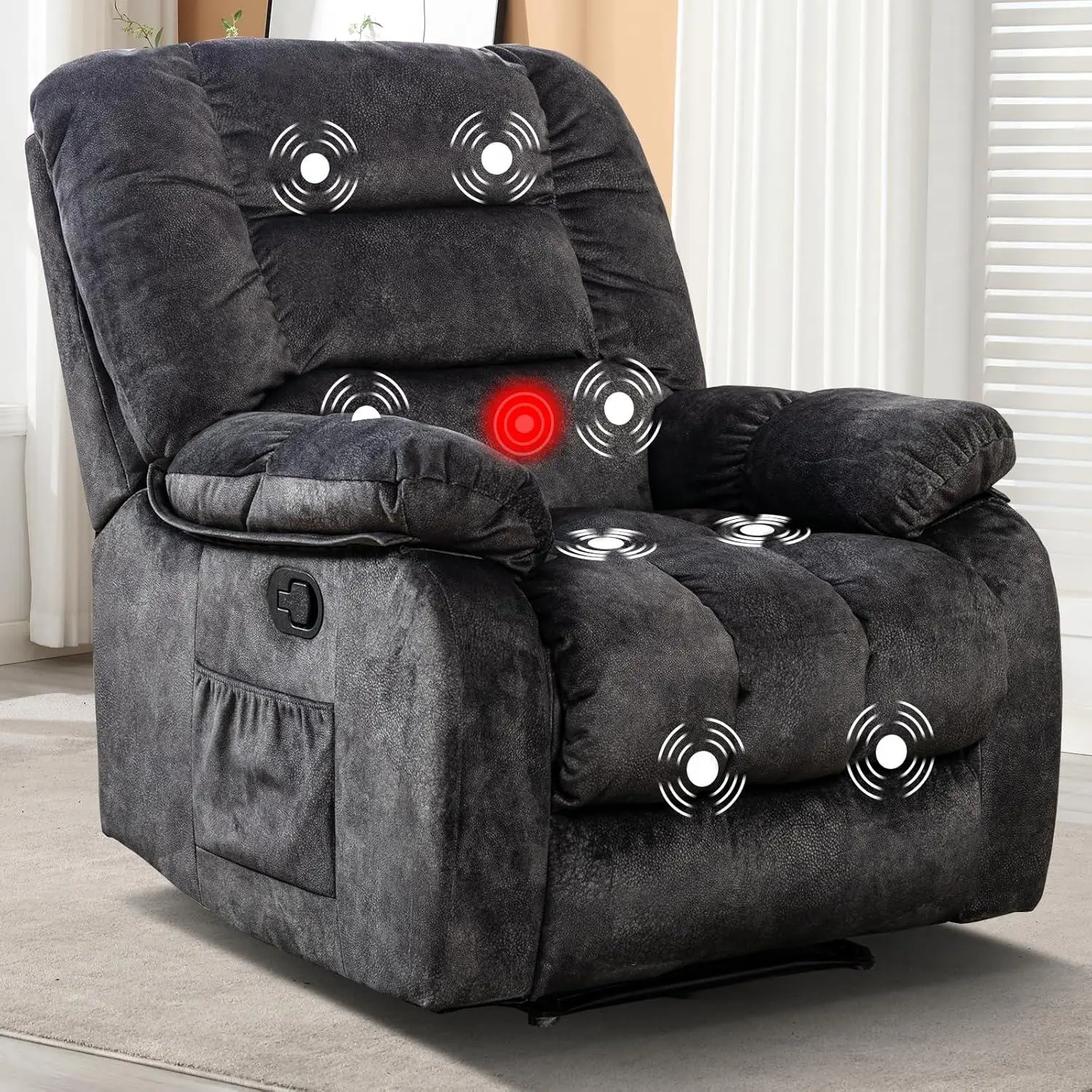 EBELLO 36'' Massage Recliner Chair with Heat and Vibration – Soft Fabric Manual Reclining Chair for Living Room and Bedroom Footrest Relaxation, chaise