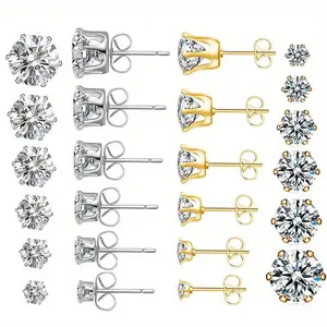 12 Pairs Stainless Steel Stud Earrings Set, Silver 14K Gold Plated Stainless Steel Hypoallergenic Cubic Zirconia CZ Earring for Women Men 3-8mm