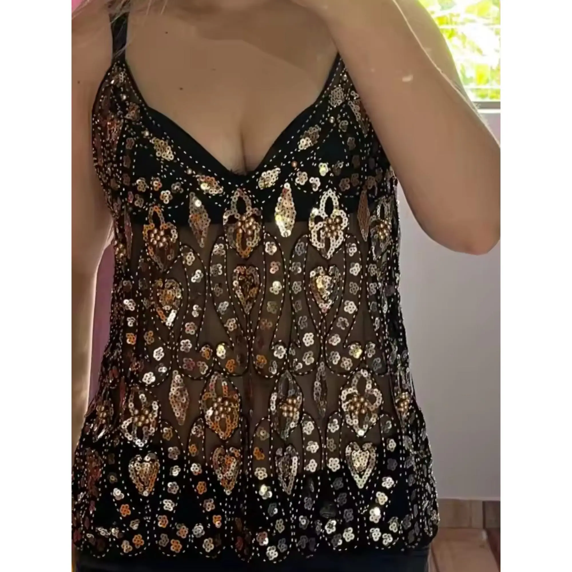 y2k Sequins Tops Women's Sparkle V Neck Spaghetti Strap Sleeveless Camisole Party Clothes