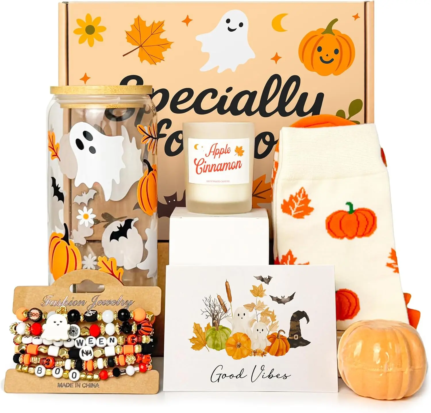 Halloween Gifts for Women, Boo Basket Stuffers for Women Teens & Girls, Halloween Spa Gift Set with 16oz Glass Cup, Socks, Candle, Bath Bomb, Bracelet & Crochet Pumpkin
