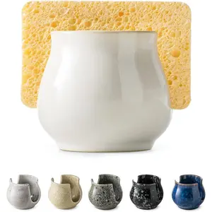 Sponge Holder for Kitchen Sink Counter, Ceramic Dish Sponge Caddy White Sink Organizer Dish Rack Farmhouse Brush Holder for Bathroom, Kitchen, White