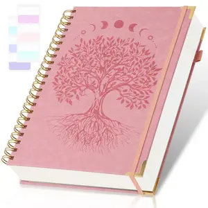 World Tree Embossed Leather Journal, 300 Pages A5 Spiral Durable Drawing Notebook, 100gsm Grid, Unisex, 24 Index Tabs, Ideal for School, Work, Notes