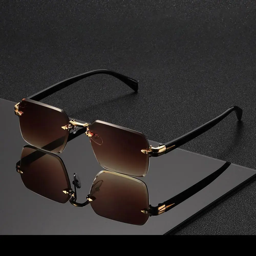 Viral Y2K Rectangle Rimless Sunglasses - Luxury Black Gold Detail Frameless Shades Gradient Teal Lens, Unisex Lightweight Vintage Fashion UV Protection, Perfect for Daily Drive Party Festival & Casual Chic Looks