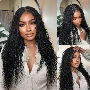 Ashimary Boho Knotless Box 26" Braided Wigs Full Double Lace Braid Wig for Black Women Lace Frontal Human Hair Blended Braided Wig with Boho Curls 360 Lace Front 428