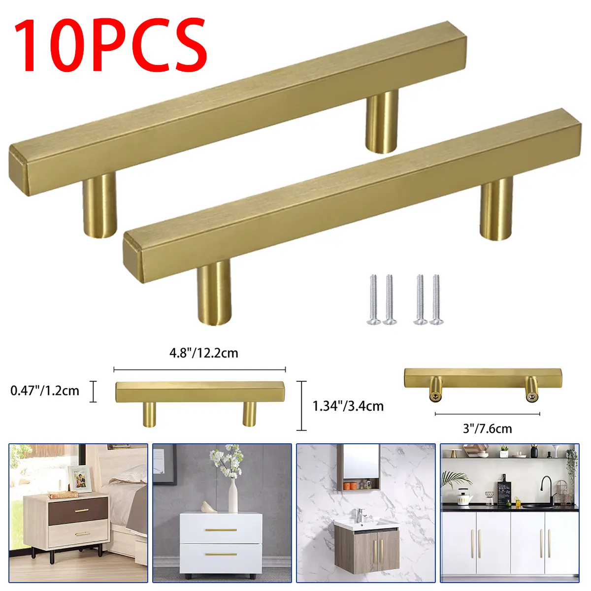 10-Pack Brushed Gold Stainless Steel Modern Square T-Bar Pulls, Hollow Design, Sleek and Clean Design, Cabinet Doors Hardware with Screws, Amazing Look for Kitchen Cabinets Drawers