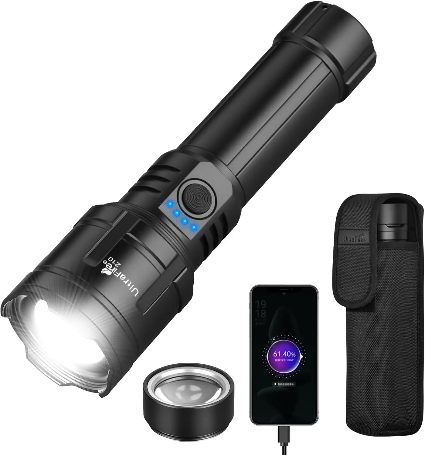 UltraFire Z10 High Lumen Survival Flashlight (1500LM) – Adjustable Tactical Flashlight with Fire Starter Lens, USB-C Power Bank, Zoomable High Power Torch, Holster, IPX4 Powerful Emergency Gear for Outdoor Camping Hunting, Adjustable Tactical Flashlights