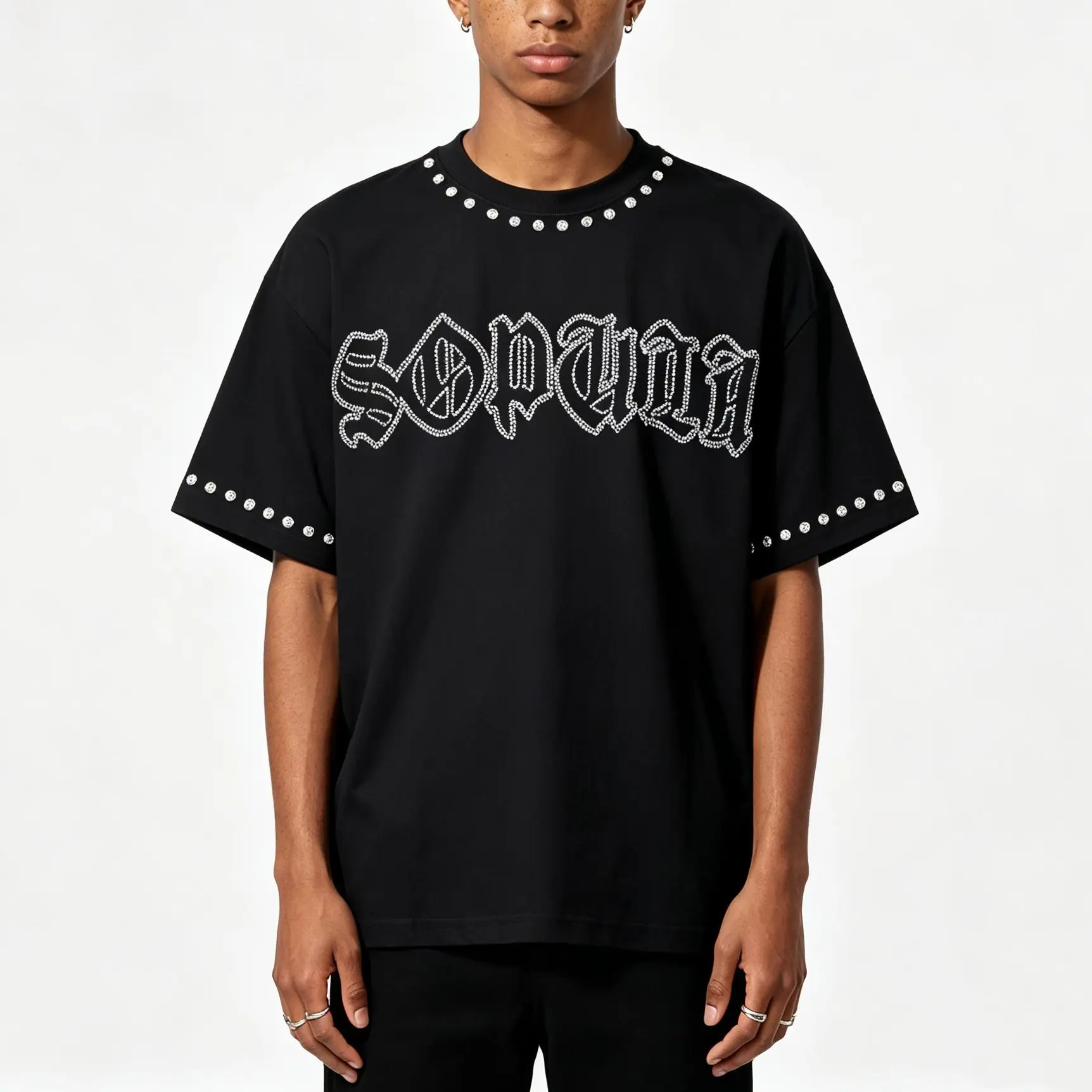 Sopula Studio Men's Casual Menswear Round Neck Short-Sleeve Shining Diamond Font Graphic Rhinestone Cotton Streetwear T-shirt