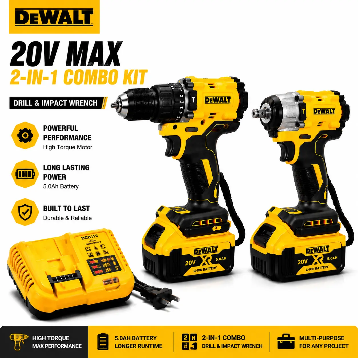 []DEWALT Cordless Drill & Impact Wrench Combo Kit, Drilling Fastening & Bolt Removal, Durable Metal Gears & Reinforced Housing, Powerful Rechargeable Power Tools for Auto Repair, Garage, DIY & Home Projects