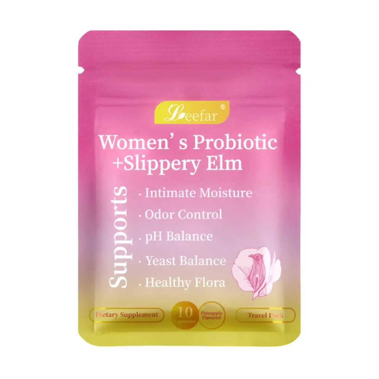 Travel Pack LeeFar Her Juicy Feminine Probiotics Gummies- All in One Solution with Slippery Elm and Prebiotics&Lactobacillus Probiotic Blend for Women's pH Balance and Dryness - Hawaiian Pineapple Gummies 10 Counts