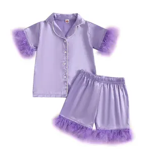 Kids Toddler Girls Pajamas Set Bow Print Short Sleeve Shirts Feather Cuffs Tops Elastic Waist Shorts 2 Pieces Lounge Suit Little Girls Sleepwear Nightgown Summer Clothes