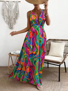 Women's All Over Print Deep V Neck Backless Cami Dress, Boho Fashion Sundress, Elegant Adjustable Strap Criss Cross A Line Dress for Beach Holiday Vacation, Ladies Summer Clothes