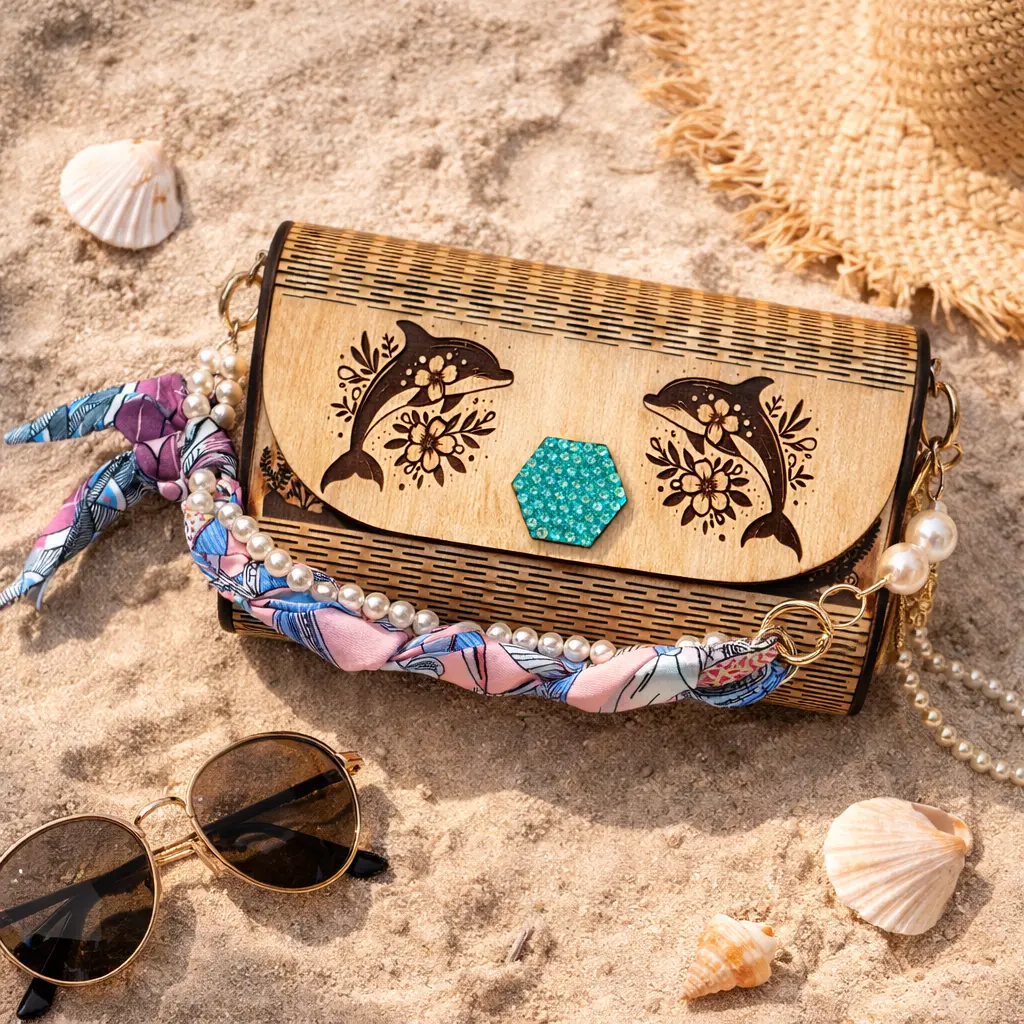 Handmade Engraved Wooden Dolphin Clutch Purse | Pearl Chain & Scarf Strap | Customizable Statement Bag