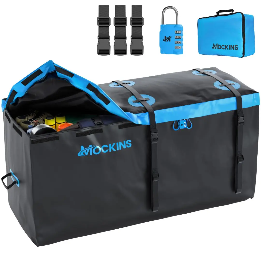 Mockins Hitch Cargo Bag, 25 Cu Ft Waterproof Vinyl Luggage with 2" Flap, Velcro Strips, Buckle Straps, and Combination Lock, 60 x 24 x 31 in.
