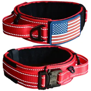 DEZIZEUSK9 Dog Collar with Control Handle Quick Release Metal Buckle Heavy Duty Military Style 2" Width Nylon with USA Flag for Handling and Training Large Canine Male Or Female K9
