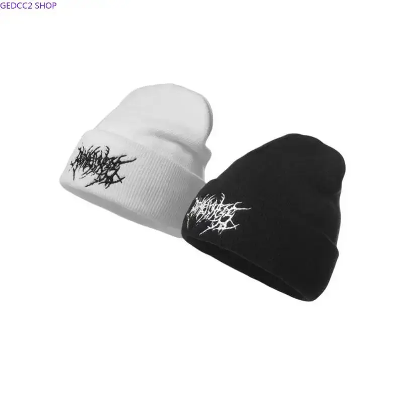 Gothic Punk Embroidered Beanie, Unisex Soft Acrylic Knit Skull Cap, Warm Winter Streetwear Hat for Cold Weather