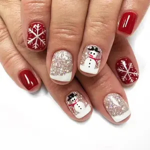 24pcs Christmas Base Nail Polish Set, Hand Drawn Snowflakes, Silver Glitter Snowman Design, Glossy Finish, Medium Square Shape