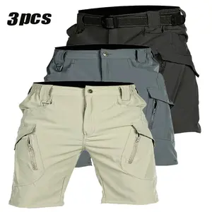 [3pcs Quick-Dry Shorts] 3pcs Men's Tactical Shorts | Lightweight Breathable Elastic Waist Outdoor with Multiple Pockets Olive Green, Beige & Black for Hiking, Running, Training Casual Wear