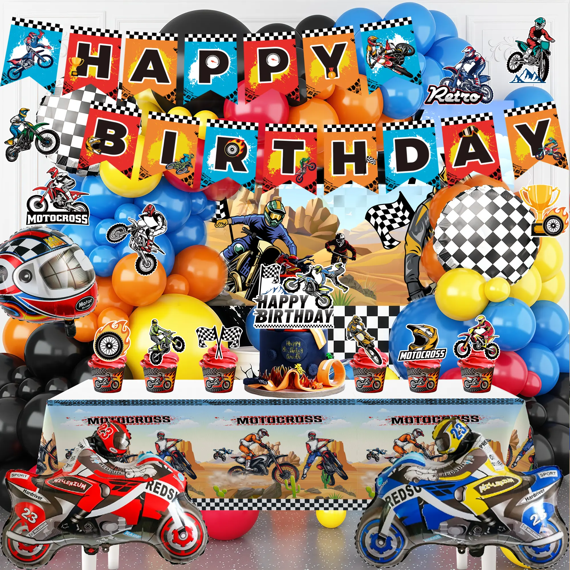 Kids' 102-Piece Vibrant Racing Motifs Motorcycle Biker Party Decorations Set - Motocross Balloons, Props for Child's Happy Birthday, Includes Dirt Bike Backdrop, Balloon Banner, Cake Topper, 6 Swirls (Outdoor Use)