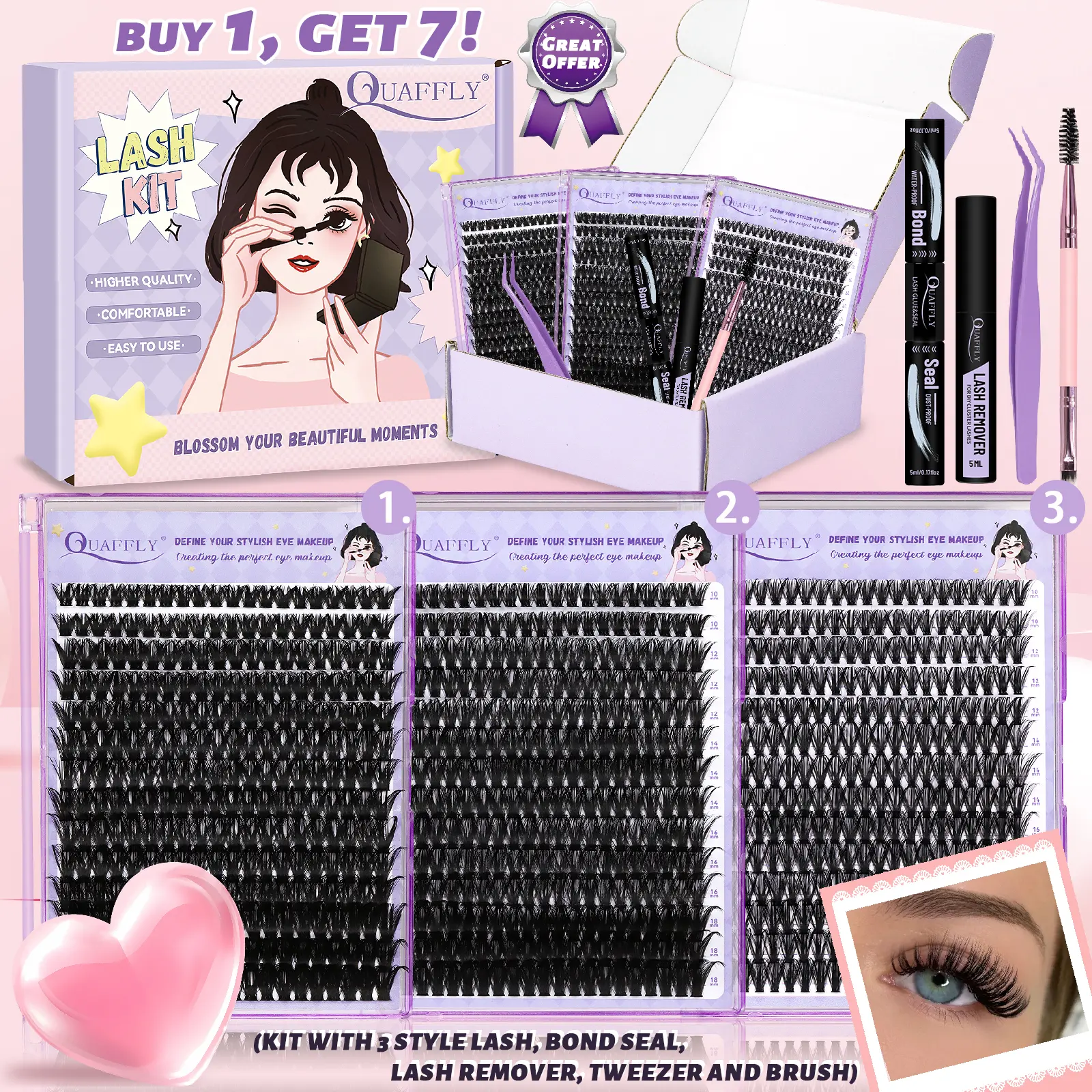 Lash Clusters Kit 840Pcs 10-18mm D Curl Lashes Clusters with Lash Bond&Seal Lash Remover Tweezers Double-Ended Brush DIY At Home(40+60+80D-KIT)