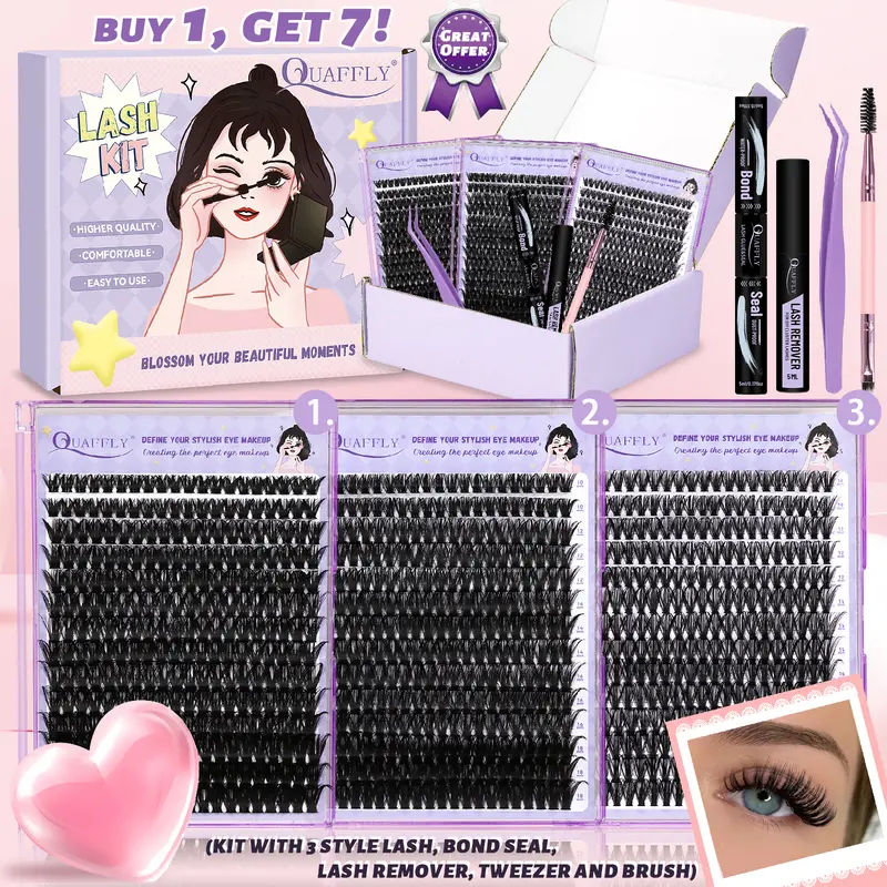 Lash Clusters Kit 840Pcs 10-18mm D Curl Lashes Clusters with Lash Bond&Seal Lash Remover Tweezers Double-Ended Brush DIY At Home(40+60+80D-KIT)