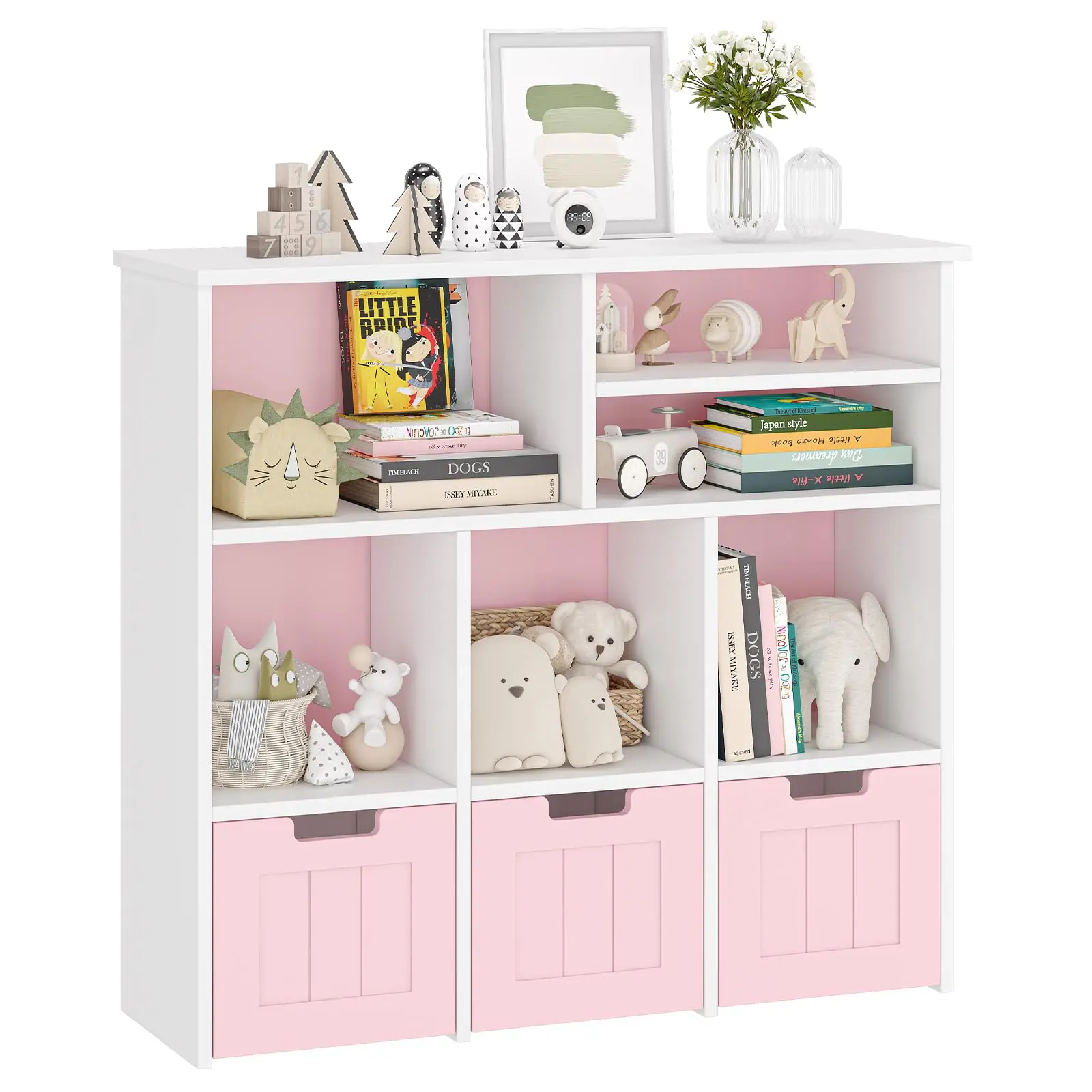 Gaomon MDF Wood Kids Storage Cabinet - Bookshelf with Multiple Compartments, 3 Adjustable Drawers with Hidden Wheels, Easy Setup Organizer for Playroom (Fits Clothing, Magazines, Assembly Required)