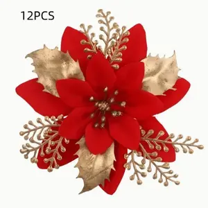 12-Piece Artificial Christmas Decorations Set, & Silver Color Hanging Ornaments, Plastic Flowers for Home Hotel Decoration, Decorative Flowers Ornaments