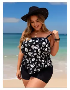 Women's Tankini Swimsuit Black & White Skull Print - High Waisted Bathing Suit with Tummy Control - Two Piece Swimwear for Women - Plus Size Options