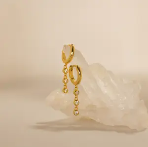 Dangling Diamond Chain Huggies by Caitlyn Minimalist - Dainty Diamond Birthstone Drop Earrings - Art Deco Jewelry - Bridesmaid Gift
