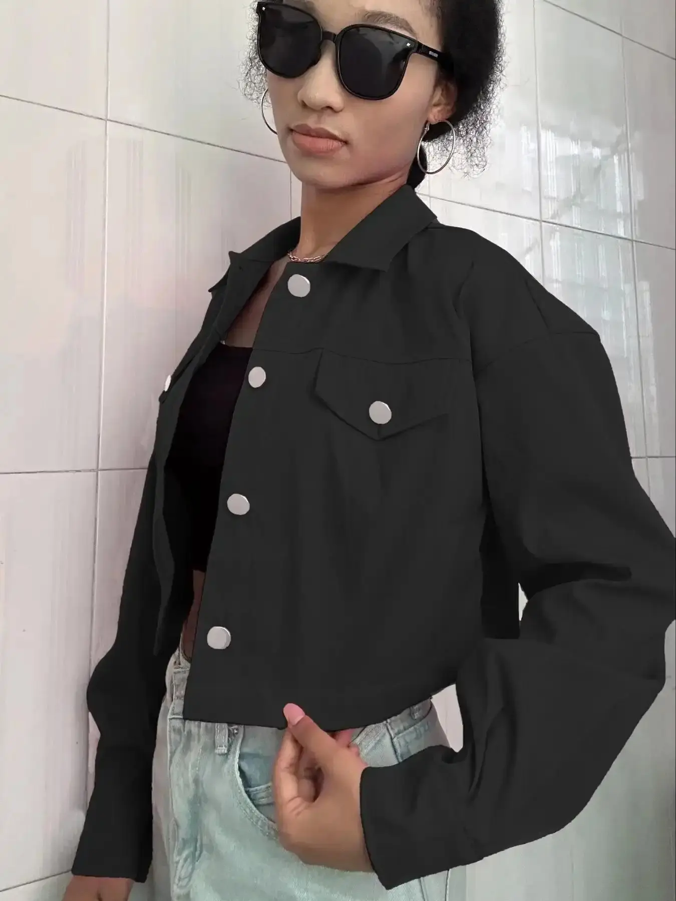 Graceful Green Solid Button Front Drop Shoulder Crop Jacket Fitted Collared Coat for Fall Winter Casual Basic Long Sleeve Daily Wear Minimalist Style Outerwear Tops Everyday Outfits, Comfortable Fit, Layering
